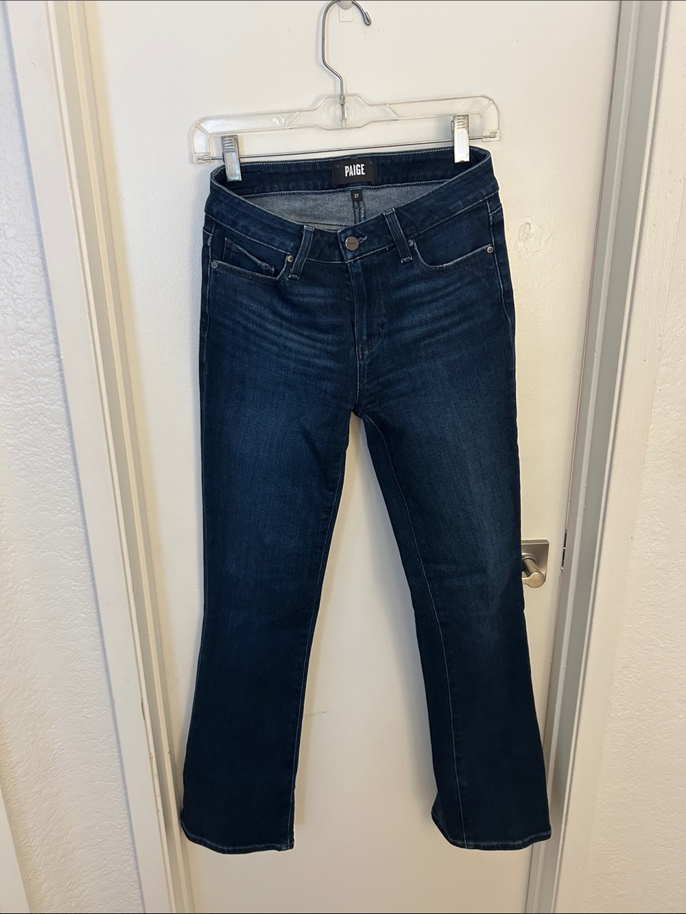 PAIGE Navy Bootcut Jeans with Subtle Fading